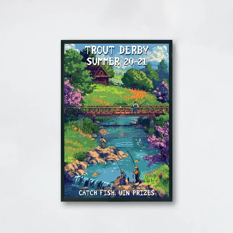 Framed poster of a scenic lake with people fishing, titled 'Trout Derby Summer 20-21'.