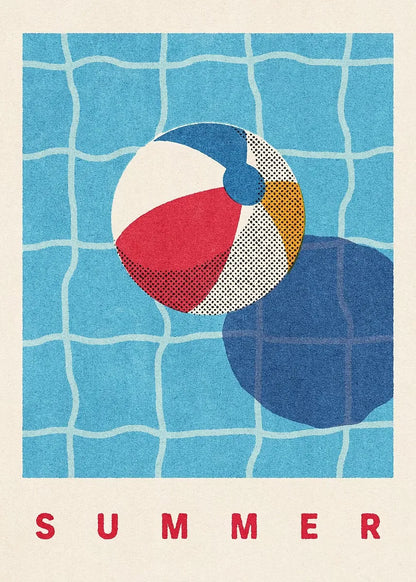 Colorful beach ball on a pool floor with 'SUMMER' text at the bottom.