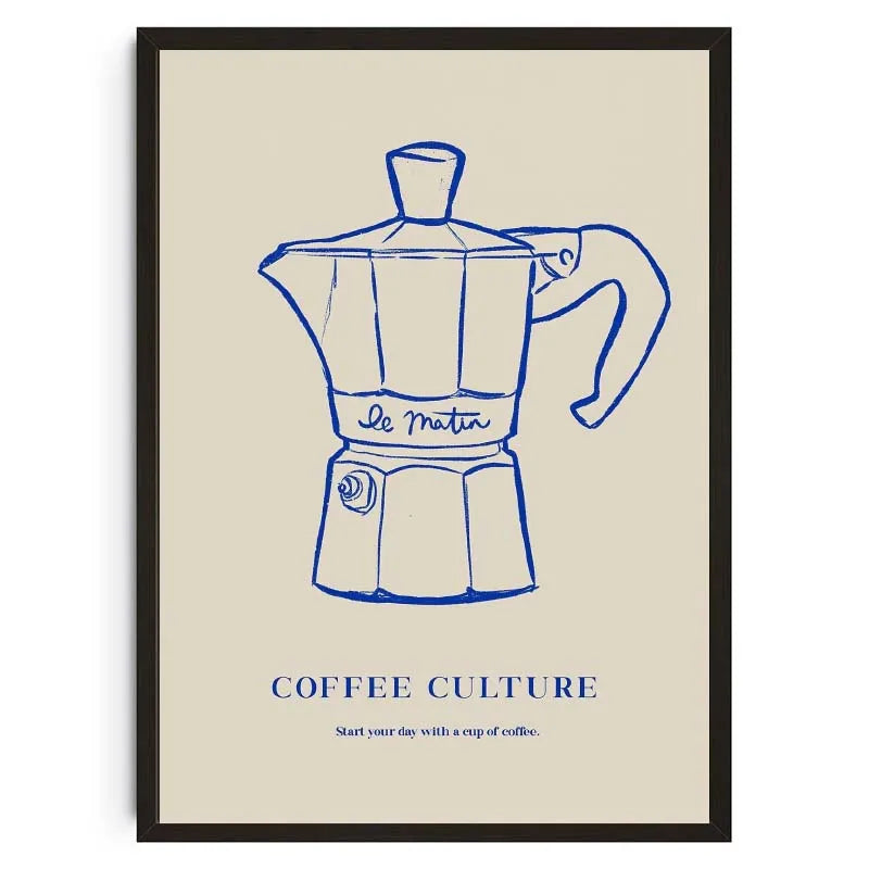Framed poster with a blue line drawing of a Moka pot on a beige background, featuring the text 'Coffee Culture'.