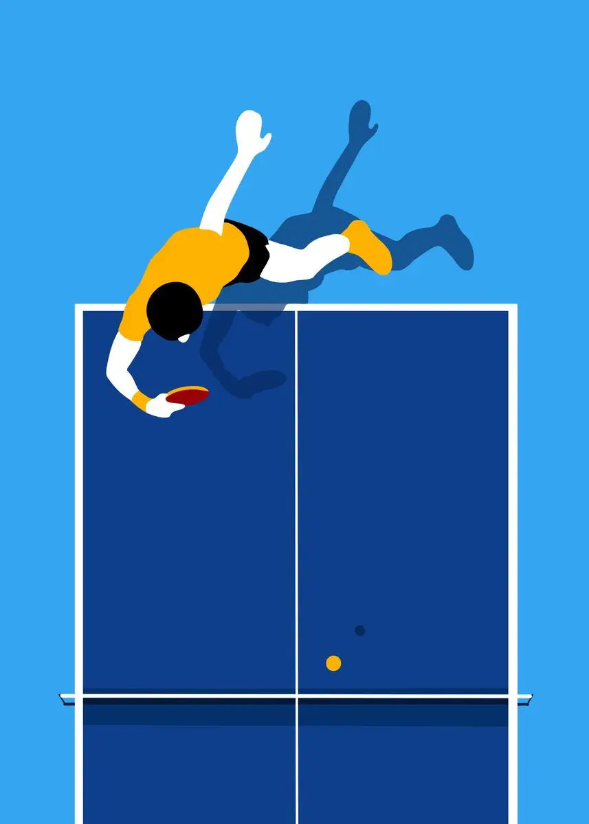 Illustration of a table tennis player diving for a shot on a blue background
