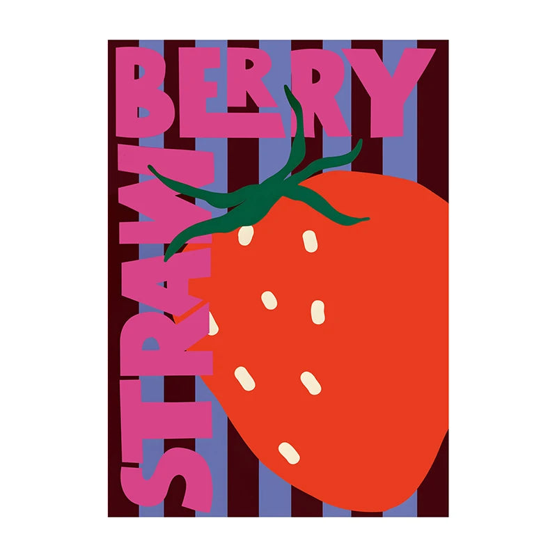 Illustration of a strawberry with 'STRAWBERRY' text on a striped background