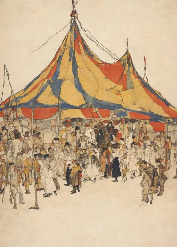 Colorful circus tent with people gathered around on a beige background