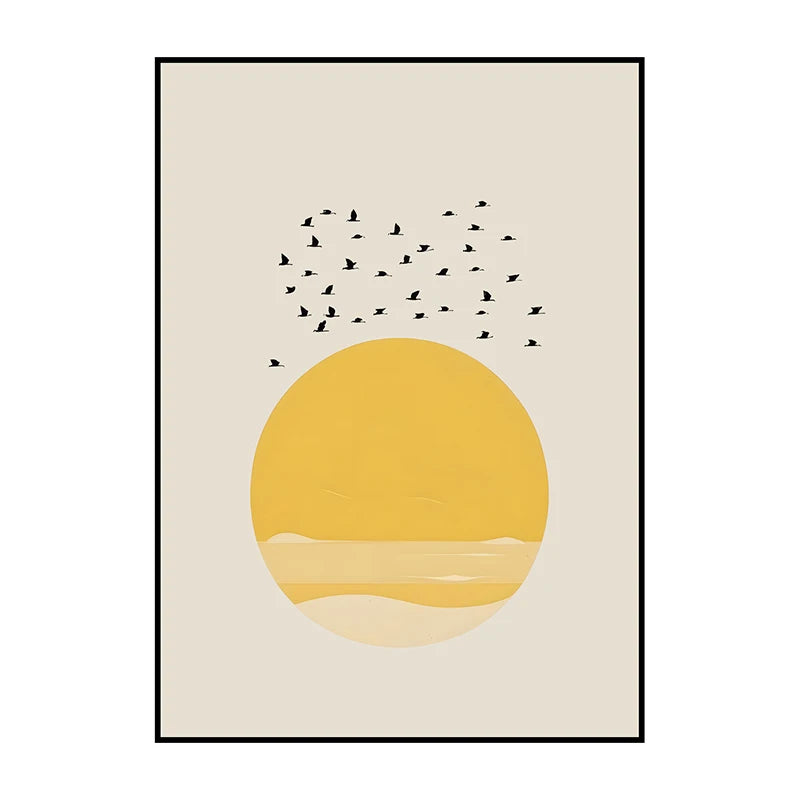 Framed artwork with a yellow circle and black birds on a beige background