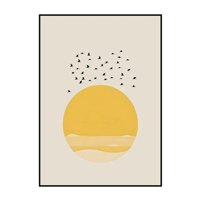 Framed artwork with a yellow circle and black birds on a beige background