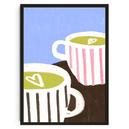 Illustration of two coffee cups with hearts on a blue background