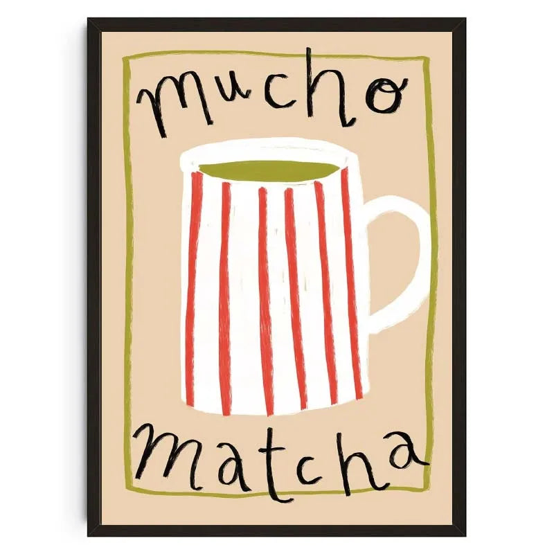 Framed artwork with a striped mug and 'mucho matcha' text on a beige background