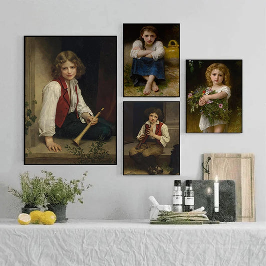 Four classical-style portraits of children on a wall above a table with decorative items. Canvas & Curio