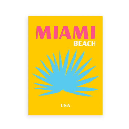 Book cover with 'Miami Beach USA' text and blue palm leaf on yellow background
