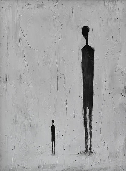 Abstract artwork with two black figures on a textured white background