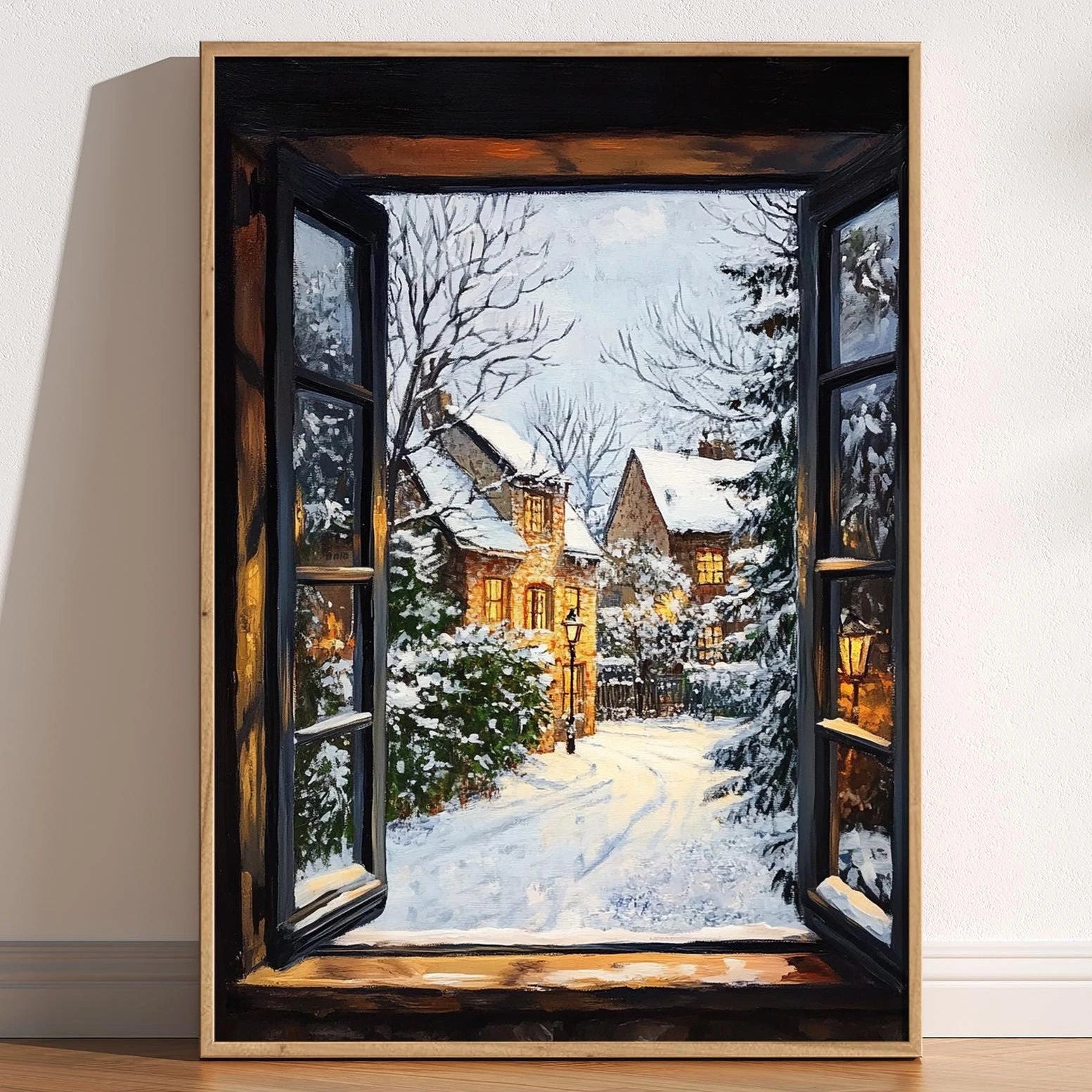 Winter scene viewed through an open window with snow-covered houses and trees.