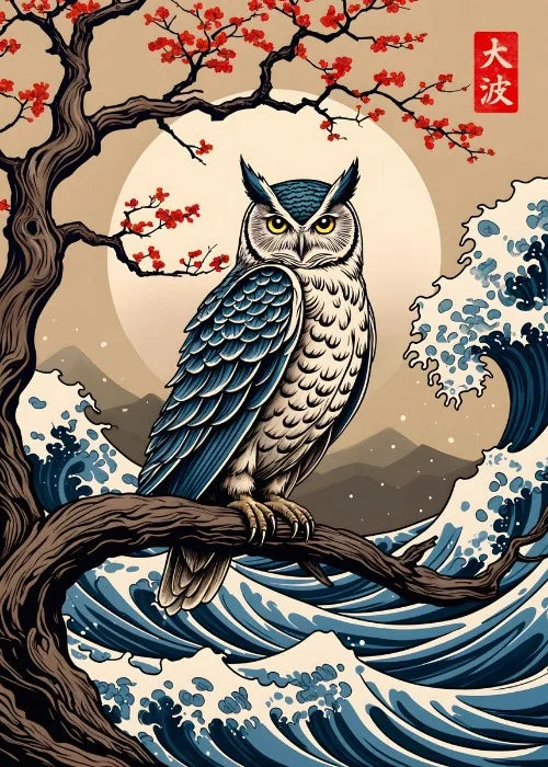 Owl perched on a branch with cherry blossoms and waves in the background