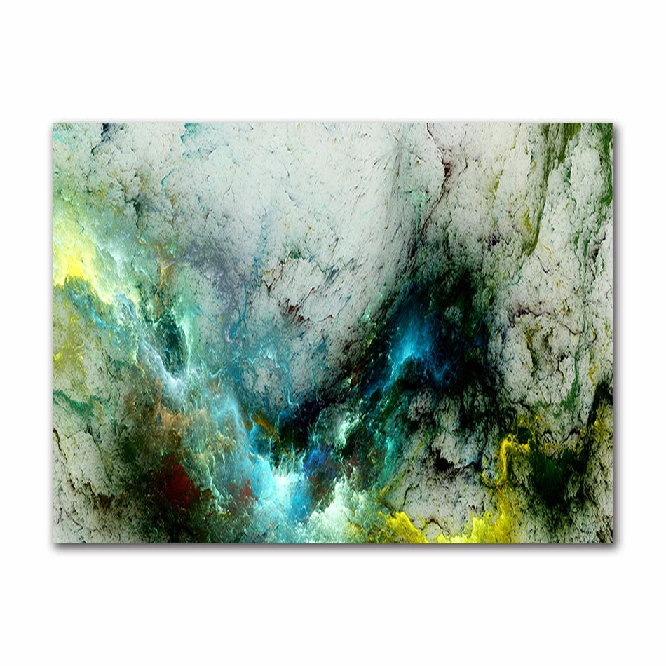 Abstract artwork with green, blue, and yellow colors on a white background