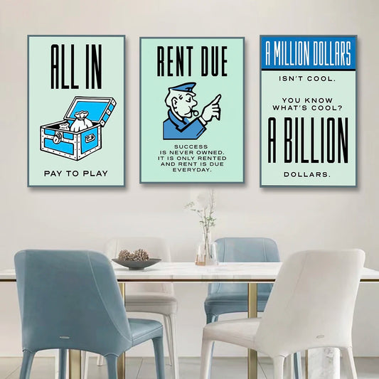 Three framed posters with motivational quotes on a wall above a dining table. Canvas & Curio