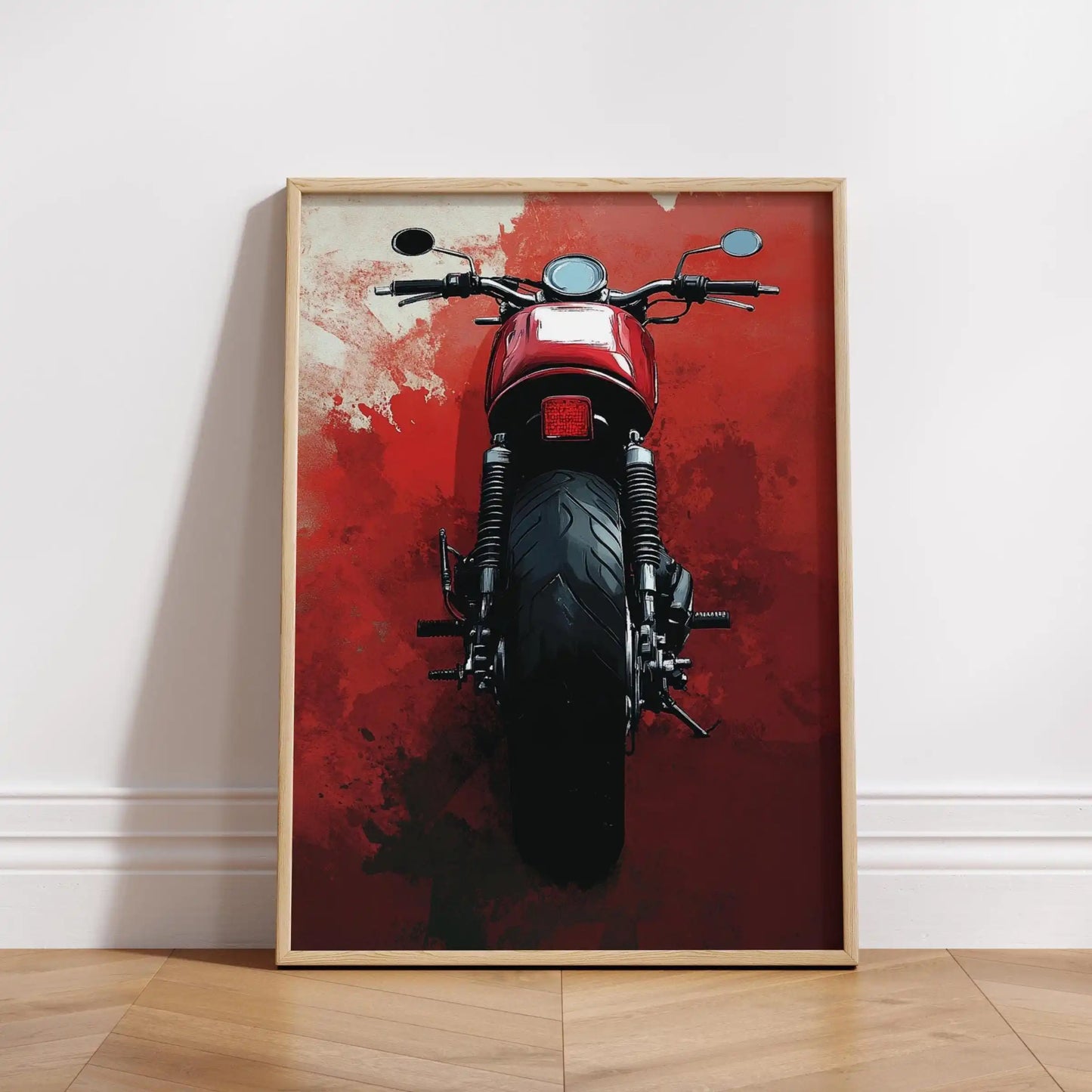 Framed artwork of a red motorcycle on a red background