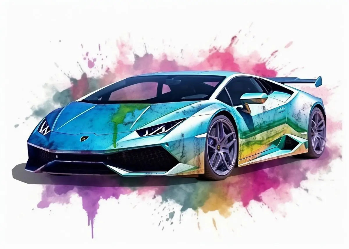 Colorful Lamborghini sports car on a watercolor background
