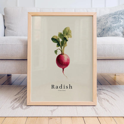 Framed print of a radish on a light background, displayed in a living room.