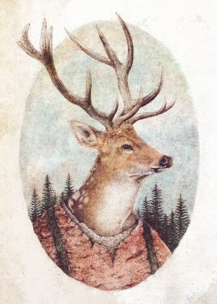 Illustration of a deer with large antlers in an oval frame with a forest background