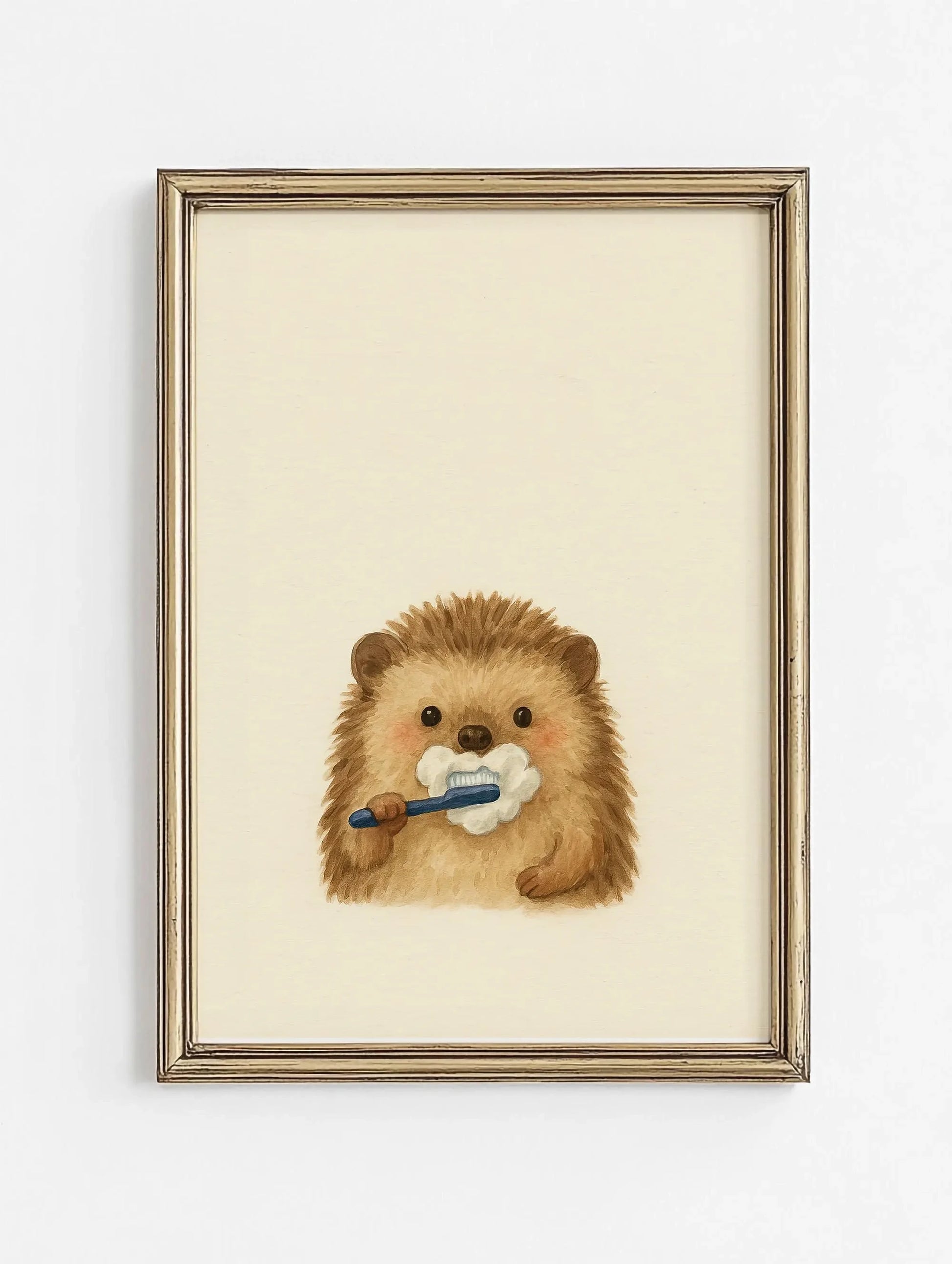 Framed artwork of a hedgehog with a toothbrush on a beige background