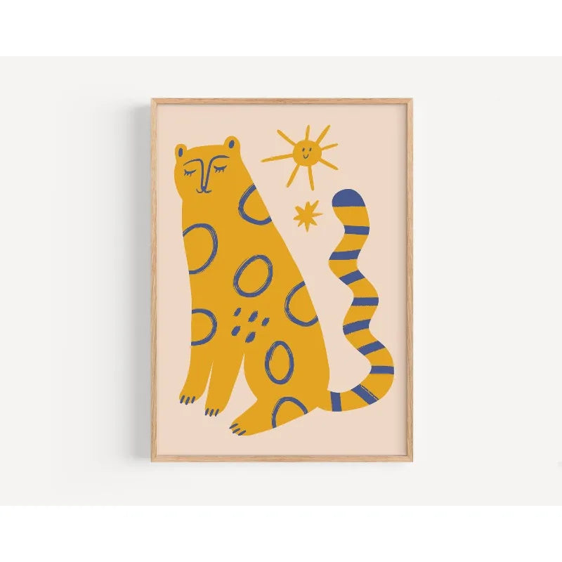 Framed artwork of a stylized animal with blue accents on a beige background