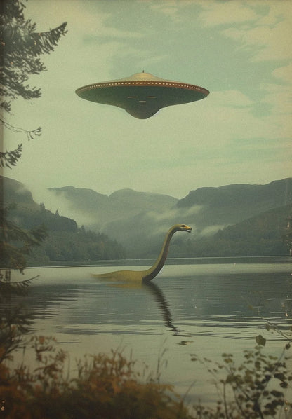 UFO hovering over a lake with a dinosaur-like creature emerging from the water, set against a mountainous landscape.