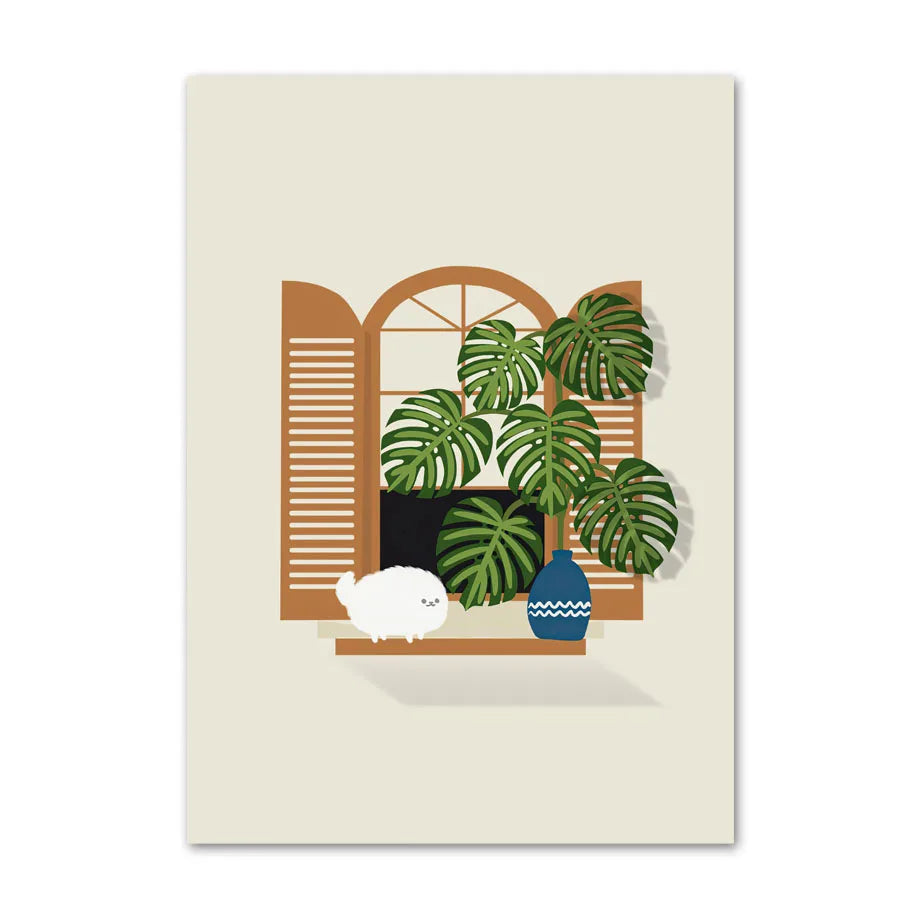 Illustration of a window with shutters, plants, and a vase on a beige background