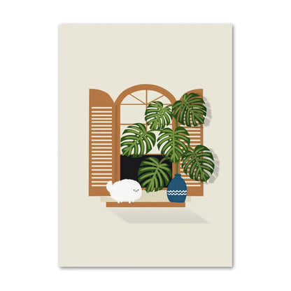 Illustration of a window with shutters, plants, and a vase on a beige background