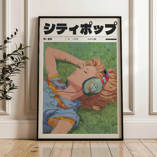 Framed poster of a person lying on grass with headphones, leaning against a wall. Canvas & Curio