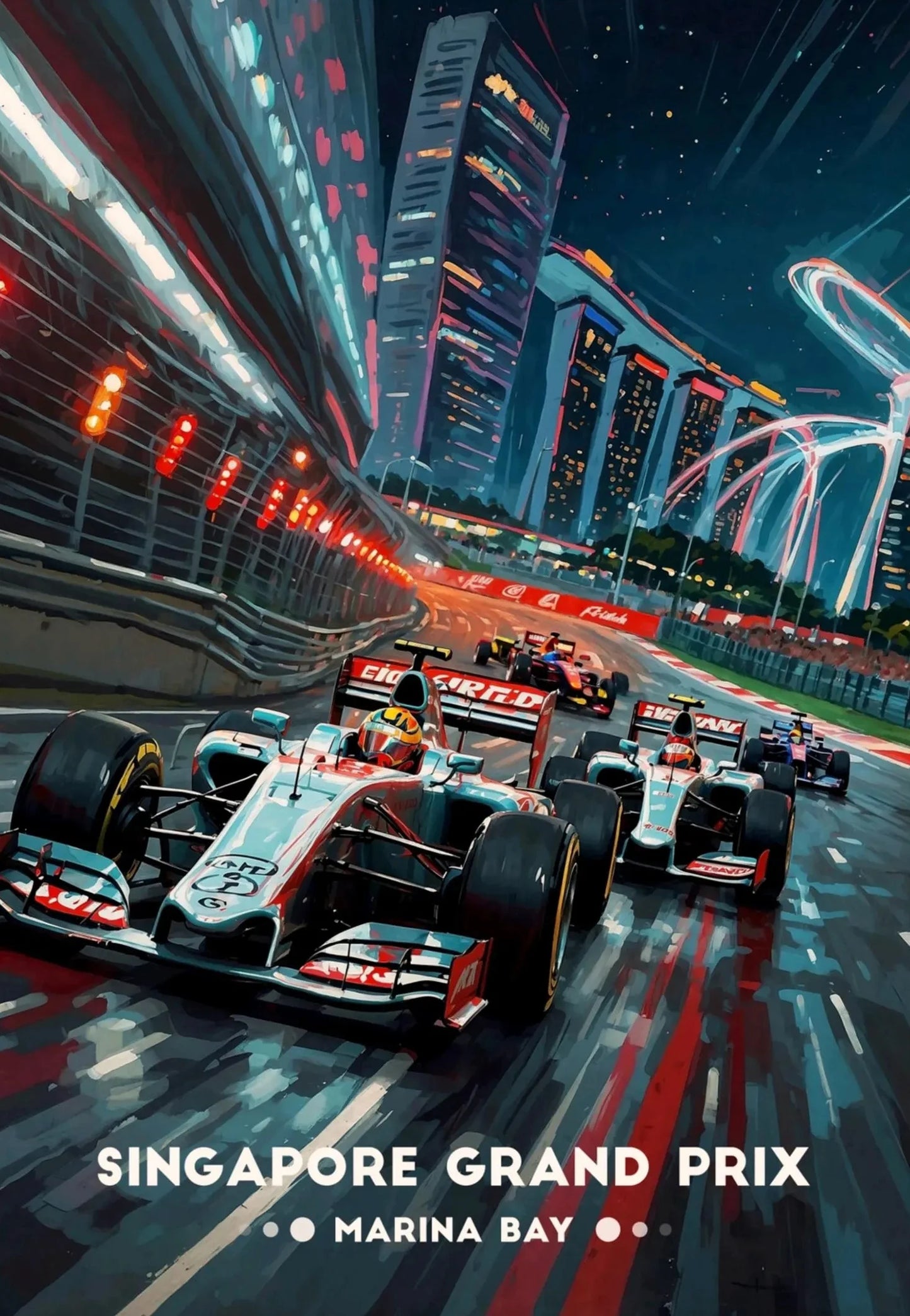 Formula 1 cars racing on a track with Singapore Grand Prix text at Marina Bay.