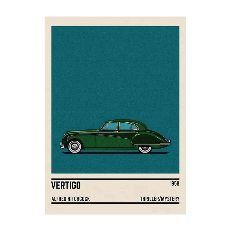 Poster of a vintage green car with 'Vertigo' movie information on a blue background
