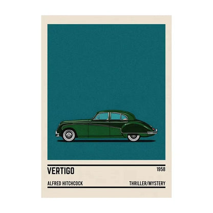 Poster of a vintage green car with 'Vertigo' movie information on a blue background