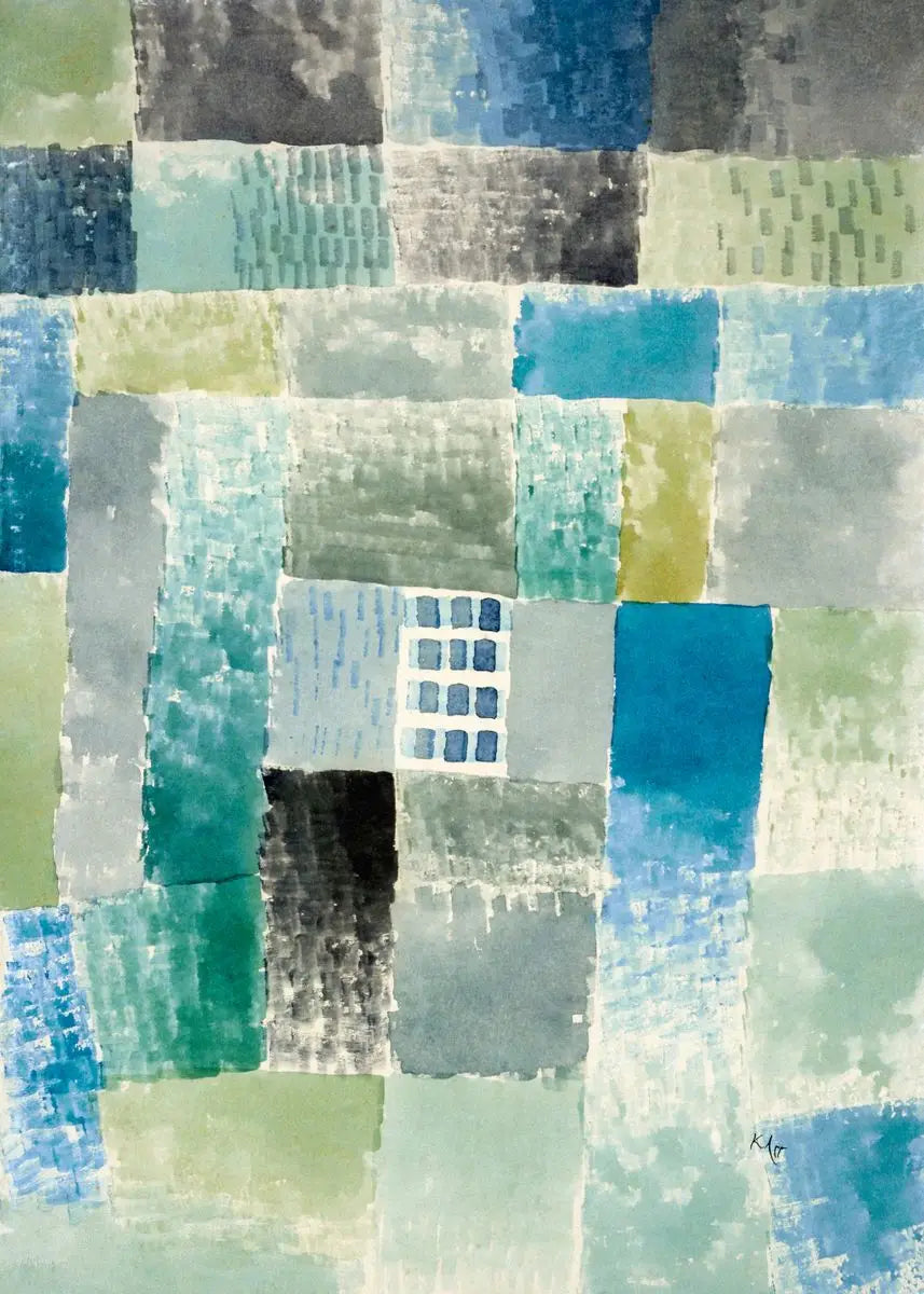 Abstract art with a patchwork of green, blue, and gray squares