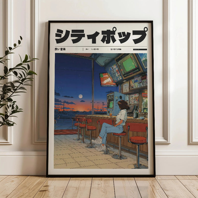 Framed artwork of a woman sitting at a bar with a cityscape view, featuring Japanese text.