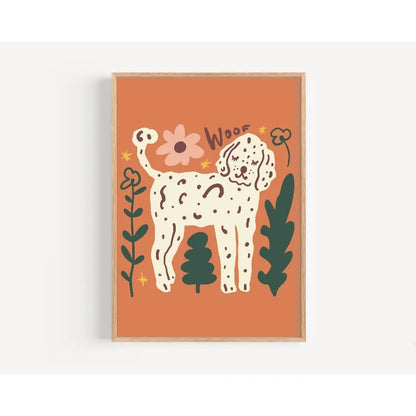 Framed illustration of a dog with flowers and leaves on an orange background