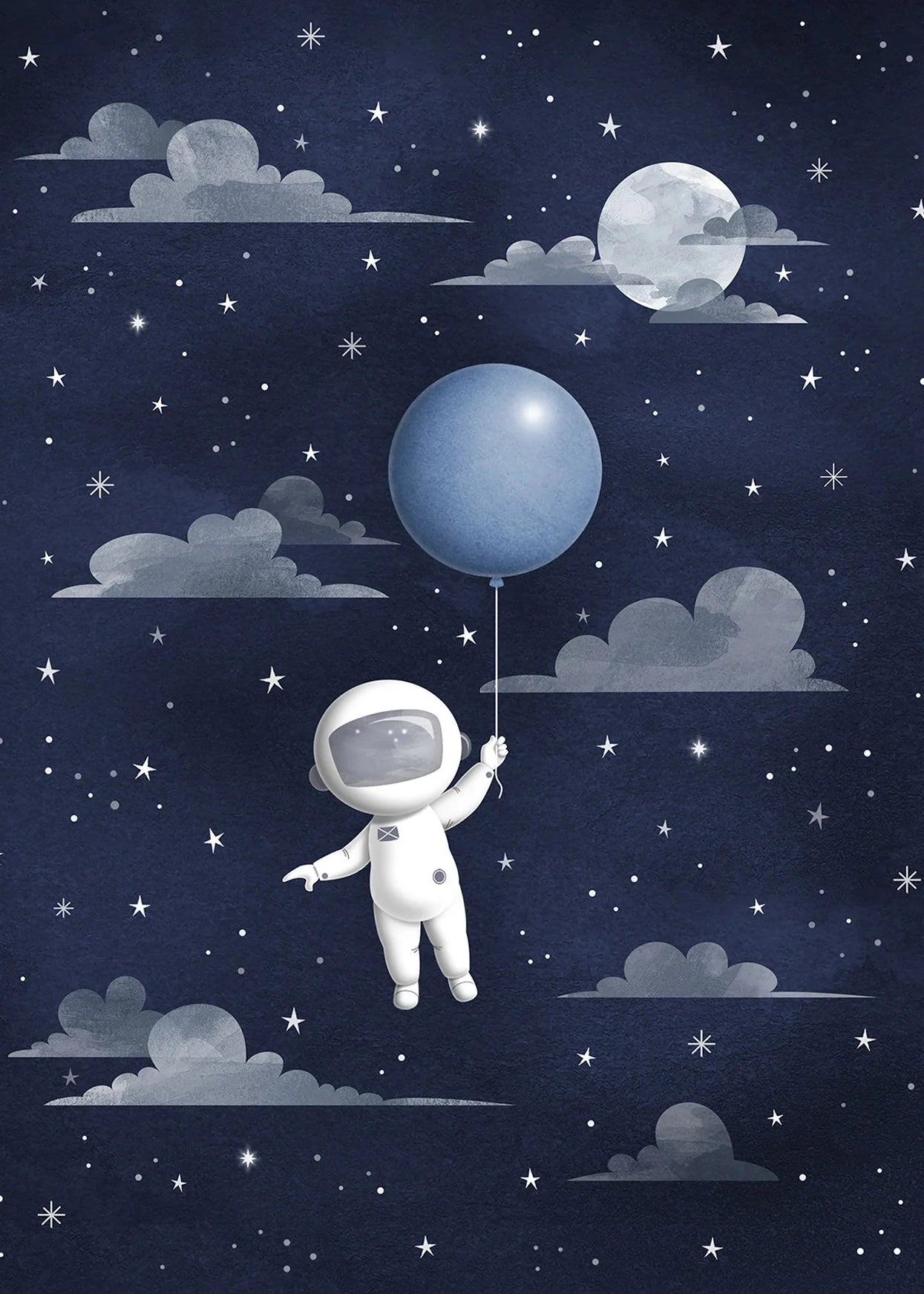 Illustration of an astronaut floating in space with a blue balloon.