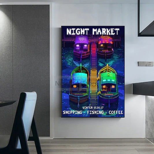 Colorful 'Night Market' poster with boats on a wall in a modern interior setting. Canvas & Curio