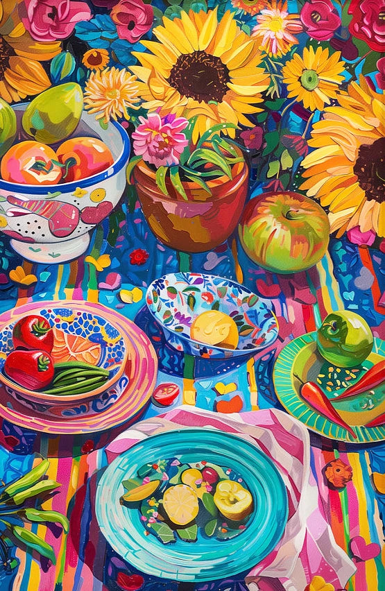 Colorful still life painting with fruits, vegetables, and flowers on a multicolored background.