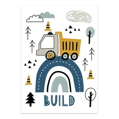 Children's poster with a dump truck, rainbow, trees, and 'BUILD' text on a white background.