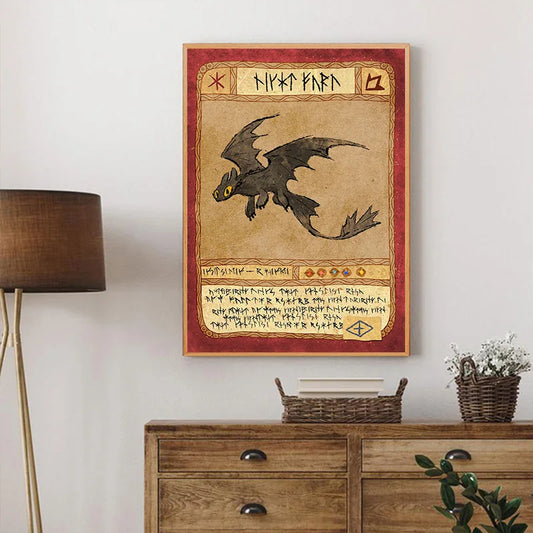 Framed dragon artwork on a wall above a wooden dresser. Canvas & Curio