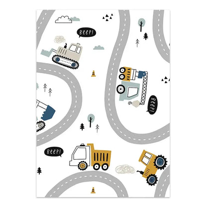 Play mat with construction vehicle illustrations and roads on a white background