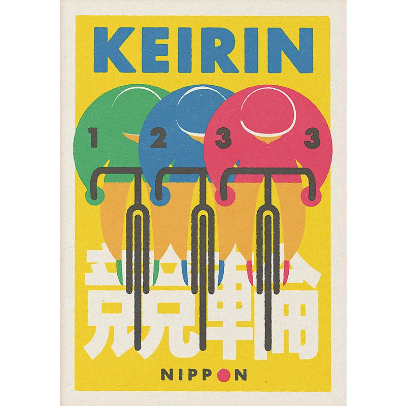 Keirin poster with colorful helmets and 'Nippon' branding on a yellow background