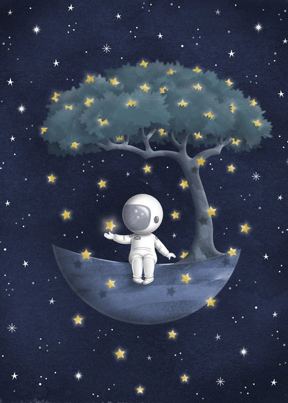 Illustration of an astronaut sitting on a crescent moon under a tree with stars, set against a starry night sky.