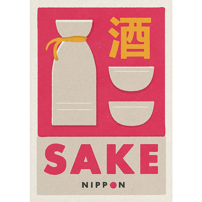 Sake bottle and bowl illustration with 'SAKE NIPPON' text on a pink and beige background