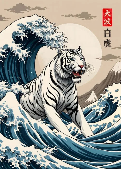 White tiger on a wave with a stylized wave background