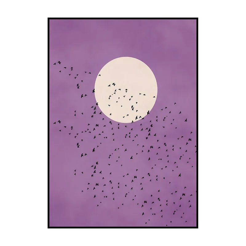 Framed artwork with a purple background, white circle, and black birds on a white background