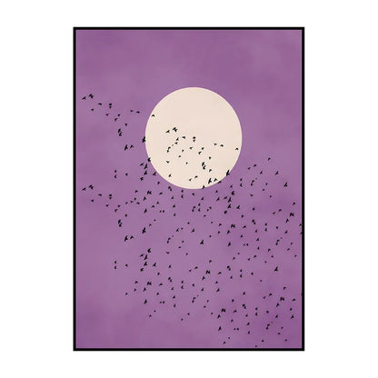Framed artwork with a purple background, white circle, and black birds on a white background