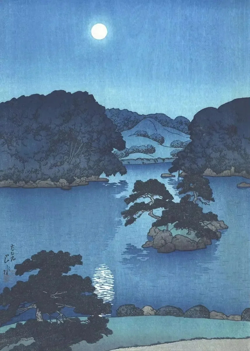 Woodblock print of a moonlit landscape with mountains and trees