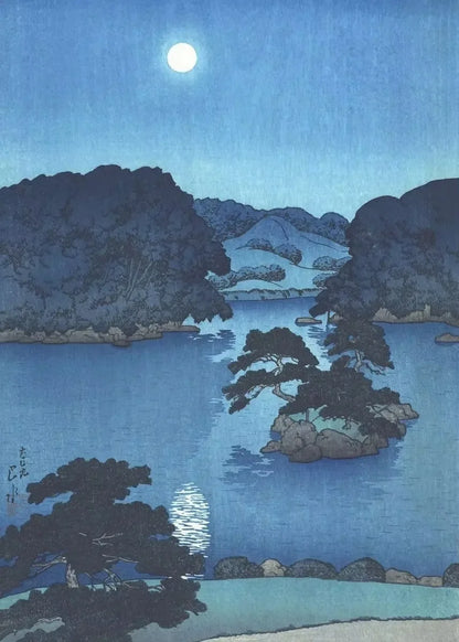 Woodblock print of a moonlit landscape with mountains and trees