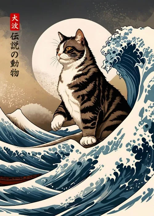Cat on a wave with Japanese text and seal design