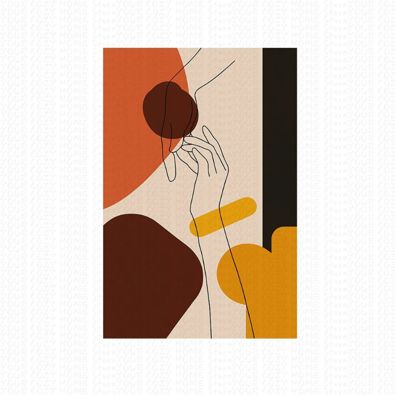 Abstract art piece with geometric shapes in brown, orange, and black on a beige background