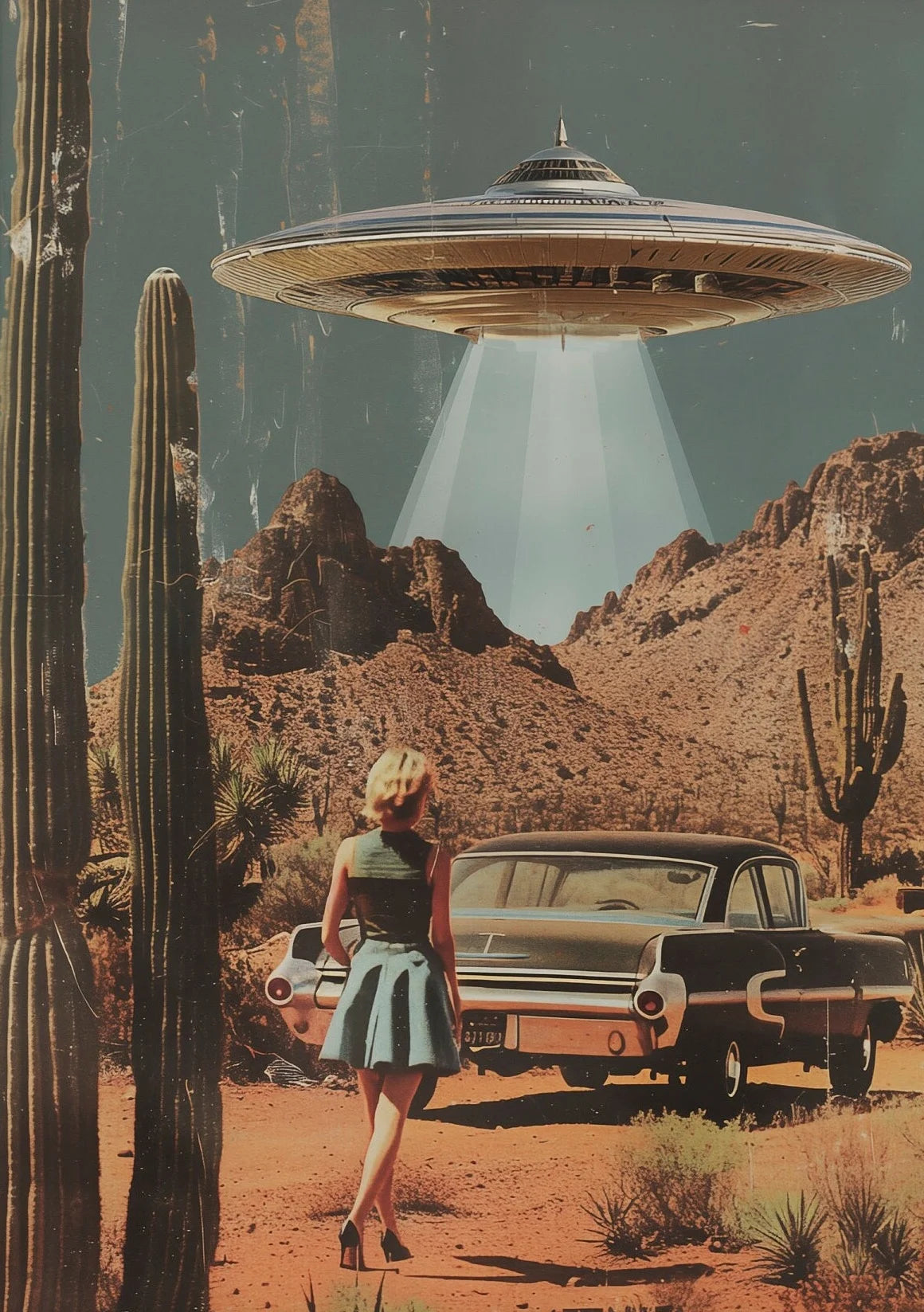 Vintage-style image of a UFO over a desert with a woman and classic car.